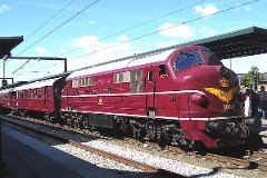 DSB Museumstog MX 1001 photographed in Odense 14. August 2004. The MX class was built by Nydquist & Holm AB (NOHAB) in Sweden licensed by General Motors. It was based on the MY class, but was built with a lower axle load for the Danish branch lines. The MX class was put in service in 1960 - 1962. A1A-A1A. Dieselelectric. 1.445 hp. Max speed 133 km/h - 83 mph. Length 18 300 mm. Weight 89 metric tonnes. Built in a number of 45. MX 1001 was put in service in 1960. Withdrawn from service in 1988 and taken over by the DSB Museumstog. Photographed in Odense during the railwaymuseum's 50th aniversary celebration of the first My class (from General Motors) being put in service in Denmark.